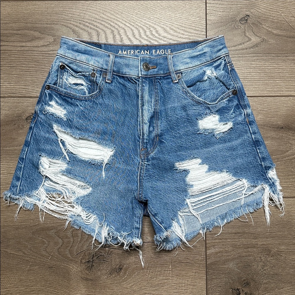 American Eagle Highest Rise 90’s Boyfriend Distressed Cut Off Blue Jean Shorts 2